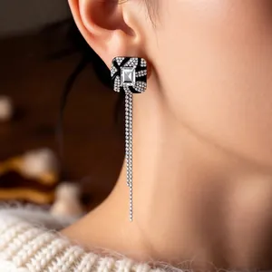 Vintage silver needle square tassel earrings with sparkling rhinestones for women