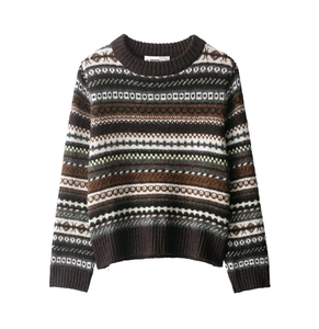 Detail of Fair Isle pattern knitted sweater with ribbed neckline and sleeve cuffs