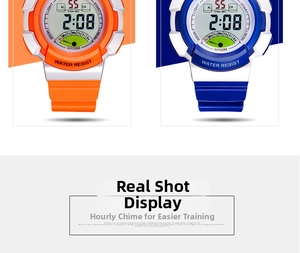 Close-up of orange and blue kids digital watches with WR30M waterproof LCD screens