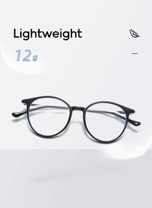 Detailed view of ultra-lightweight round frame glasses weighing only 12g with feather