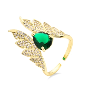 Adjustable gold ring with green teardrop stone and crystal pavé wing design