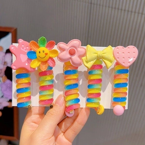 Set of 5 colorful spiral phone cord hair clips with cute cartoon resin charms for kids
