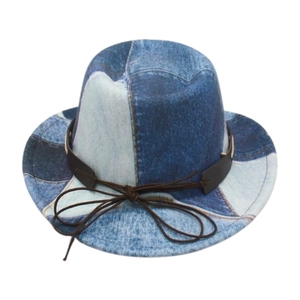 Kids American ethnic style fedora with blue denim patchwork and brown leather band