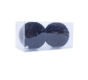 Close-up of two deep blue velvet Christmas balls with wave texture in a clear box