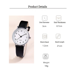 Detailed dimensions of minimalist quartz watch with black PU strap and silver alloy case