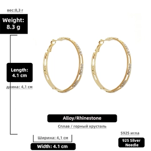 Detailed view of 4.1cm gold rhinestone hoop earrings with S925 silver posts on white background