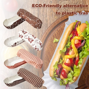 Eco-friendly printed paper hot dog trays and greaseproof cupcake liners in various patterns