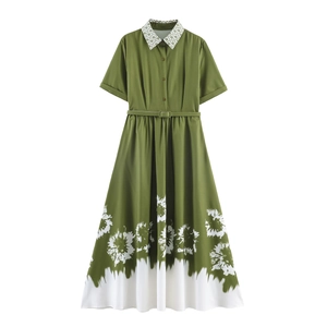 Women Maxi Dress Polyester Floral Shirt Collar Tie Dye Green White Elegant Short Sleeve With Belt Elegant A-Line Swing