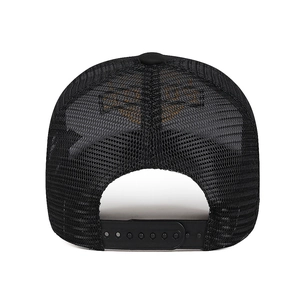 Classic black mesh trucker hat with adjustable snapback closure and breathable panels