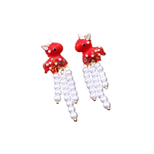 Red horse tassel earrings with pearls in a neo-Chinese style unique drop design