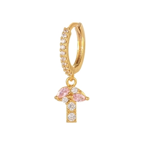 Detail of mushroom charm earring with pink marquise zircons and gold plating