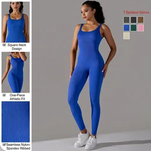 Seamless ribbed square neck yoga bodysuit in royal blue with athletic bodycon fit