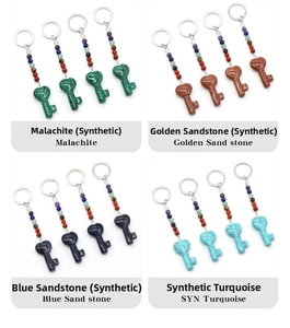 Detail of four colorful heart-key shaped crystal pendants with chakra bead keychains