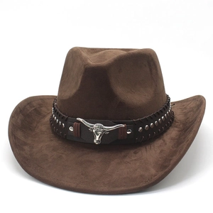 Klassischer brauner Western-Cowboyhut aus Wildlederimitat mit silbernem Stierkopf-Emblem