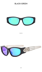Y2K futuristic sunglasses with black frames and green-blue gradient lenses detail