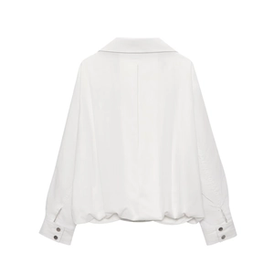 Back view of a white bomber jacket featuring lapel collar and adjustable buttoned cuffs