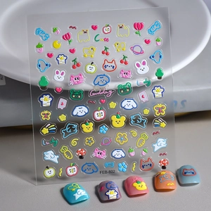 5D embossed cartoon animal nail stickers with cat and fruit designs for spring nail art