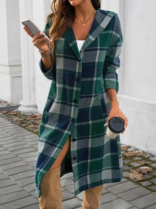 Plaid long-sleeve hooded cardigan with buttons and pockets shown in an outdoor street setting