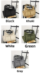 Detailed grid showing multi-pocket canvas messenger bags in black, khaki, white, green and gray