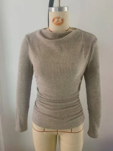 Detailed view of grey ribbed long-sleeve knit sweater featuring a sleek slim-fit design.
