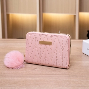 Kurzes Damen-Portemonnaie aus rosa Kunstleder mit Steppmuster, Pompom und Goldreißverschluss