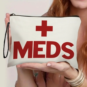 Linen Makeup Bag Portable Zipper Cosmetic Pouch Travel Medical Organizer Case With Wristlet Red Cross Print For Women
