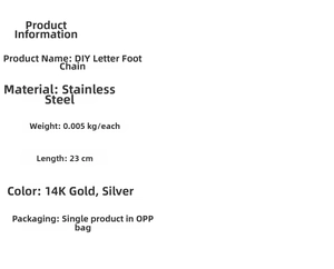 Details of DIY stainless steel letter anklet, 23cm length, available in 14K gold and silver.