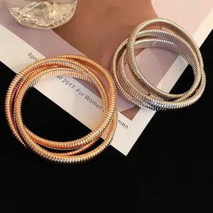 Three-layer stretch snake chain bracelet set in rose gold and silver metallic finish