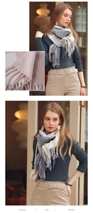 Detail of color-block plaid scarf with soft fringe edges in blue, beige and pink tones