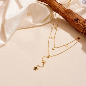 Double-layer gold stainless steel necklace with stars and butterfly tassel pendants
