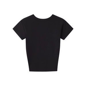 Flat lay back view of a sleek black modal sports t-shirt with smooth crew neck and short sleeves