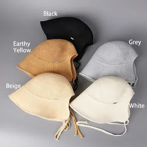 Breathable knit sun hat for women in five colors with ribbon ties and open-back design