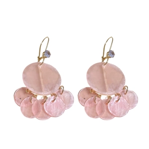Elegant gold drop earrings with pink mother-of-pearl circles and zircon accents