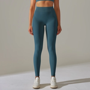 Vue détaillée du legging de yoga bleu canard sans couture à taille haute gainante