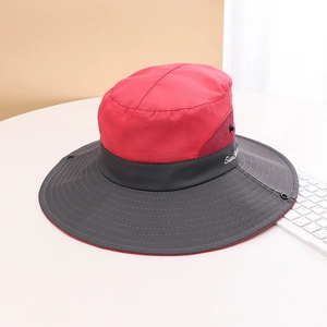 Red and grey outdoor sun hat with wide brim, breathable mesh and UV protection