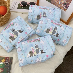 Nylon Mesh Detachable Cosmetic Bag Cute Cartoon Puppy Print Portable Travel Toiletry Wash Bag Multiple Compartments