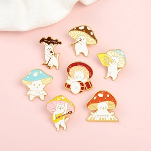 Whimsical musical mushroom cat enamel pins collection playing various instruments