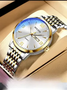 Close-up of MOLDOA men's quartz watch with steel gold bracelet and dual date window