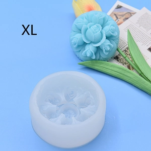 Detailed macro view of 3D rose flower silicone mold and light blue finished soap sample