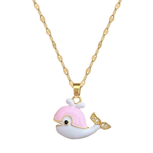 Elegant gold titanium necklace featuring a pink and white whale pendant with clear crystals