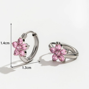 Fashion flower hoop earrings in stainless steel with pink crystals, 1.4cm height