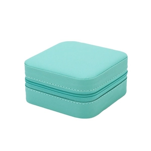 Portable square mint green PU leather jewelry travel case with a secure zipper closure