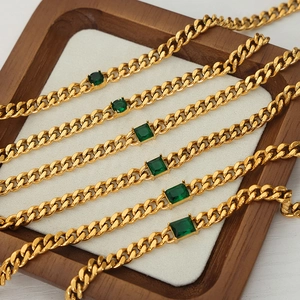 Vintage Stainless Steel Cuban Chain Jewelry Set For Women Gold Plated Green Geometric Zirconia Pendant Necklace Bracelet