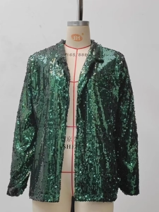 Detail of dark green sequin jacket showing high-density shimmer and classic collar