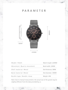 Detailed specifications of black dial quartz watch with rose gold indices and mesh strap