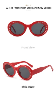 Front and side view of red oval sunglasses with sparkling rhinestones and dark lenses