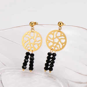 Vintage stainless steel dreamcatcher earrings with gold circles and black beaded tassels