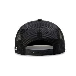 Rear view of black 7-panel mesh trucker hat featuring white R embroidery and snapback