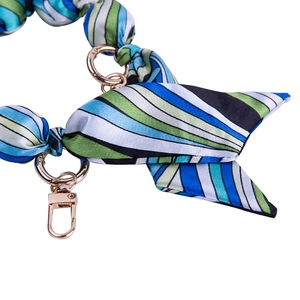 Blue striped fabric scarf bow charm with gold metal ring and spring clasp for bags