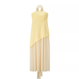 Elegant sleeveless halter neck maxi dress in yellow and cream color-block design